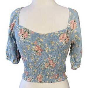 American Eagle Blue Floral Smocked Sweetheart Crop Top Short Puff Sleeves Med